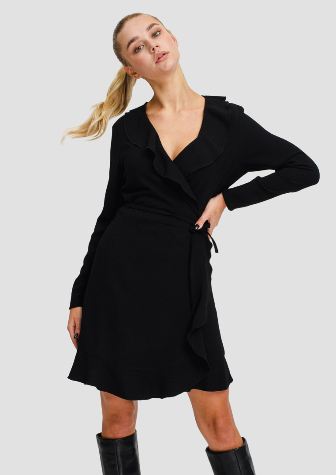 Black wraparound long sleeve dress 