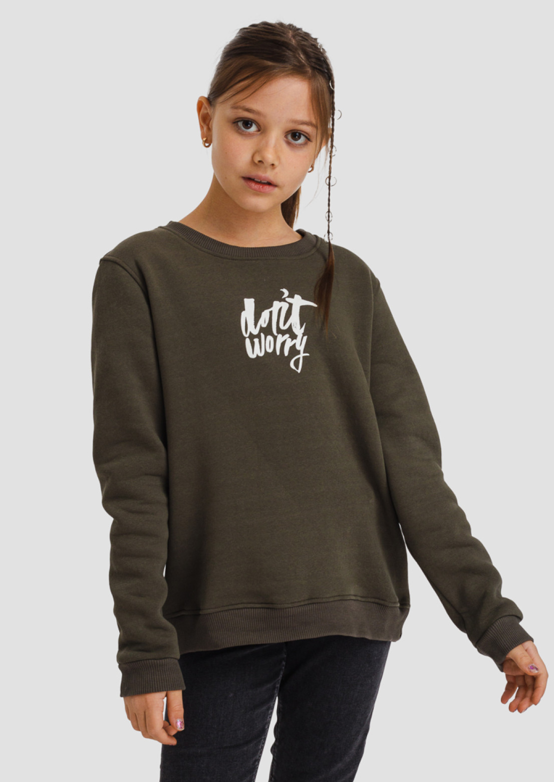 Khaki kids footer sweatshirt "Don't worry/Be happy" 