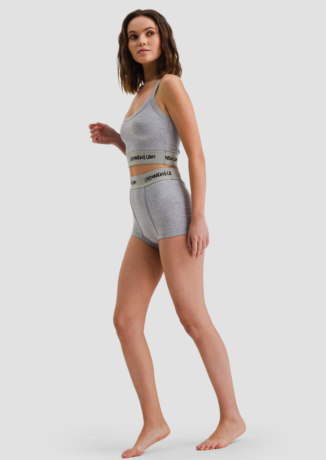 Light grey melange high-waisted knicker shorts with elastic 