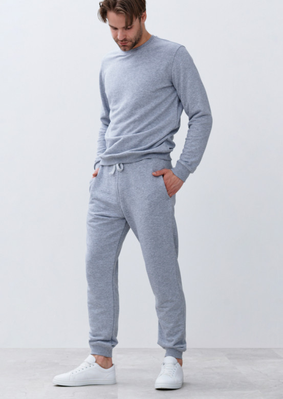 Grey melange colour men basic three-thread trousers with a lace