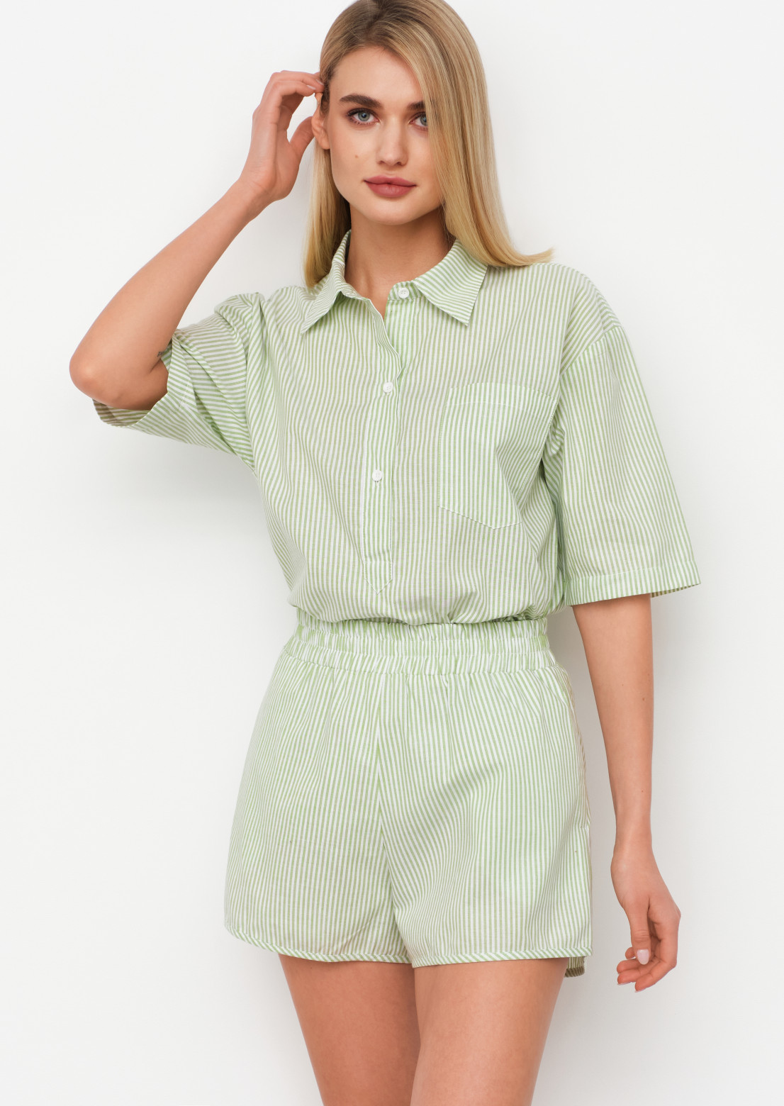 Green colour striped suit with shorts