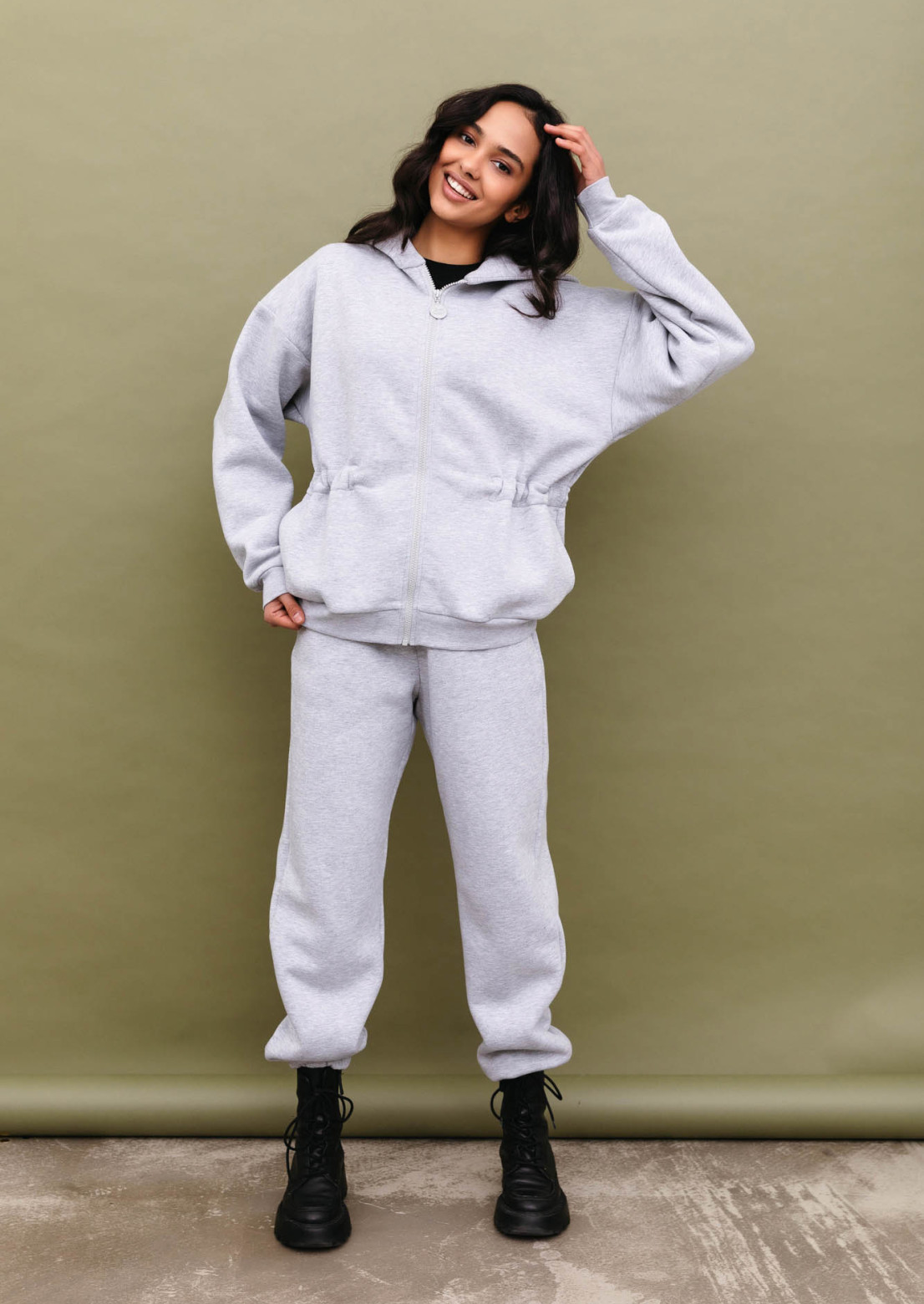 Grey melange color three-thread insulated suit women's hoodie with a zipper
