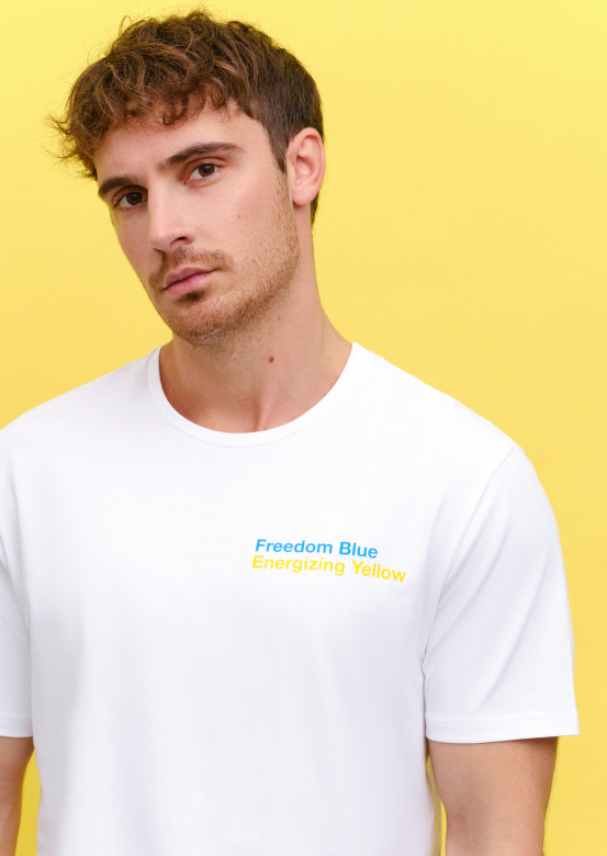 Men white T-shirt ""Freedom blue Energizing yellow"" 