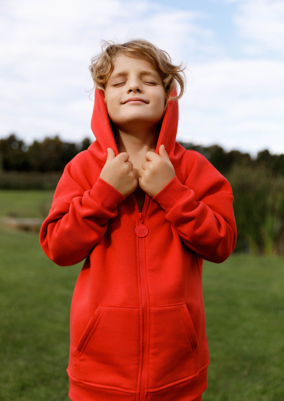 Lava color kids footer hoodie with a zipper