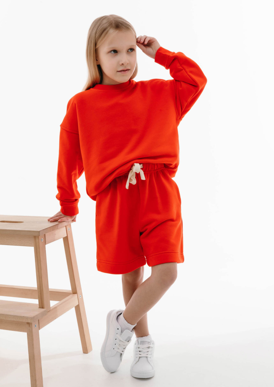 Cherry tomato color kids three-thread oversize shorts