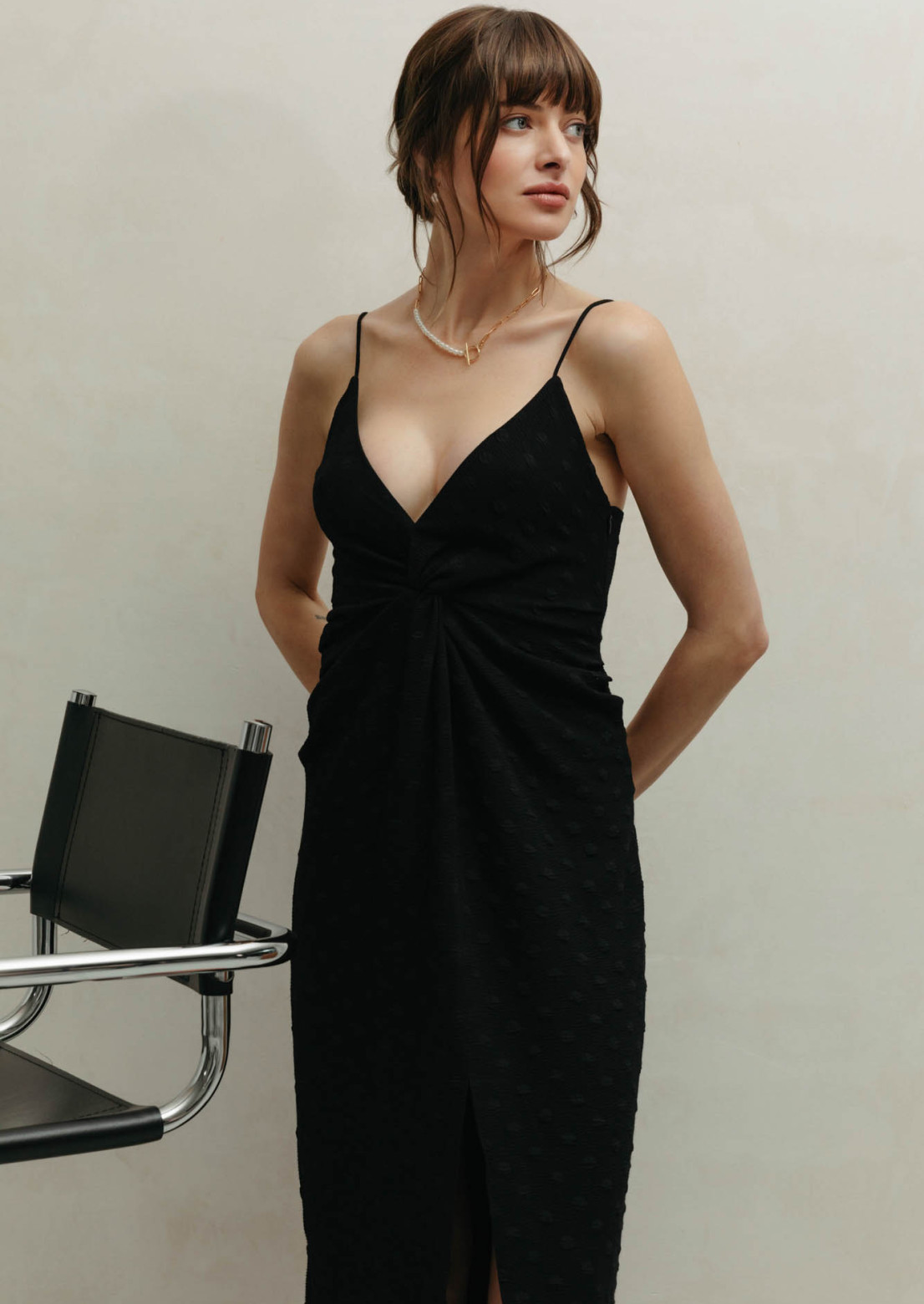 Black color embossed with thin straps dress 