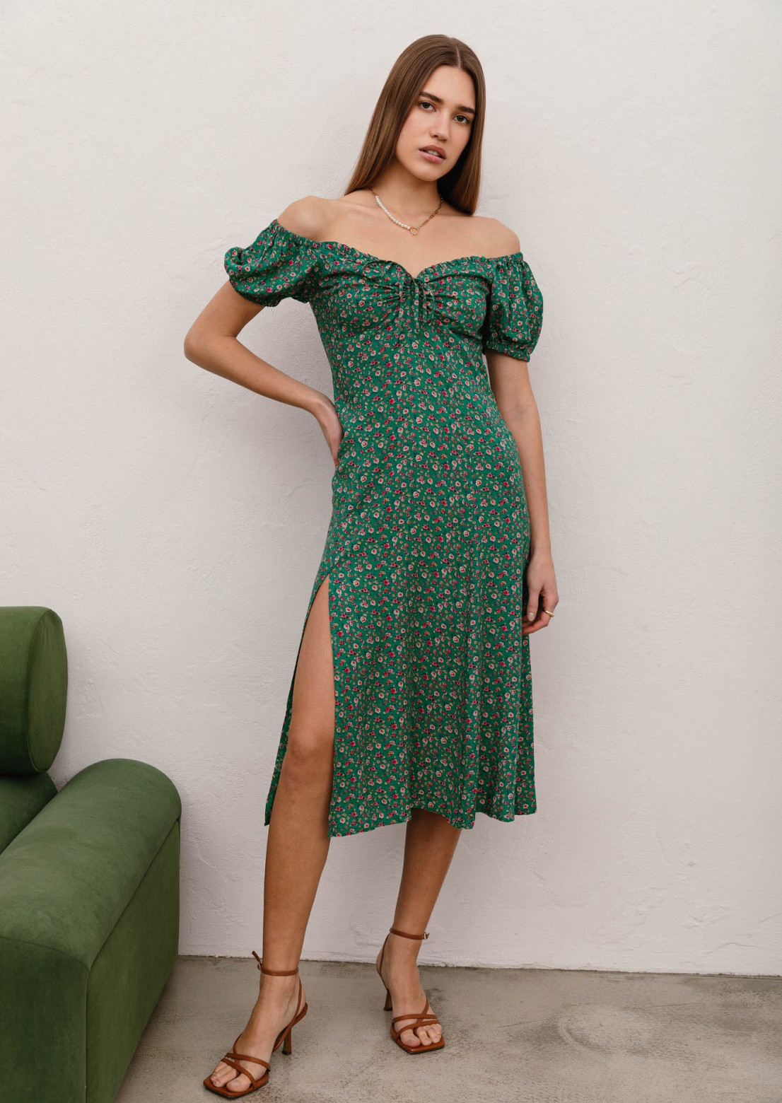 Green color floral pleated dress