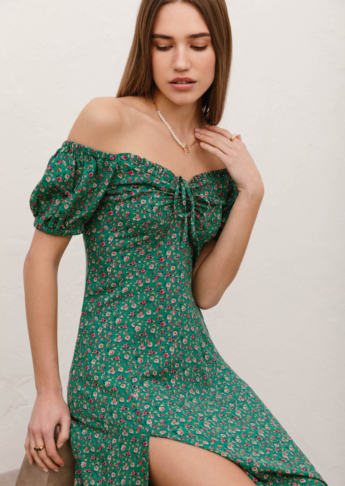 Green color floral pleated dress