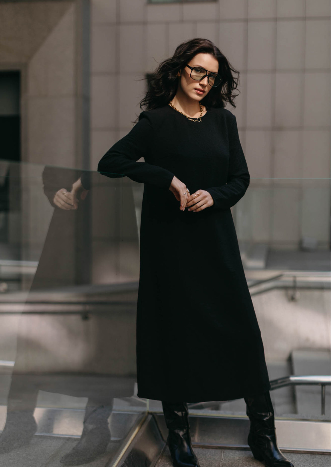 Black color midi dress made of harvested fabric