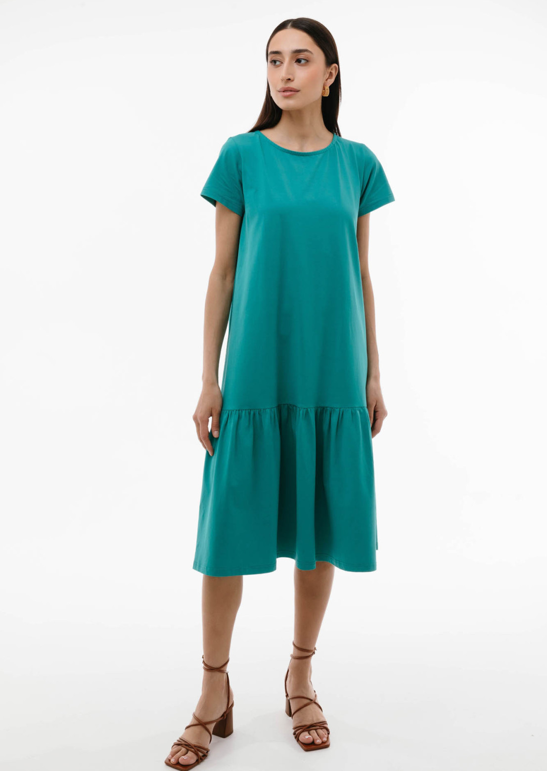 Turquoise t-shirt-dress with a flounce