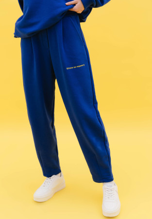 Women's blue color three-thread pleated front trousers "На Перемогу"