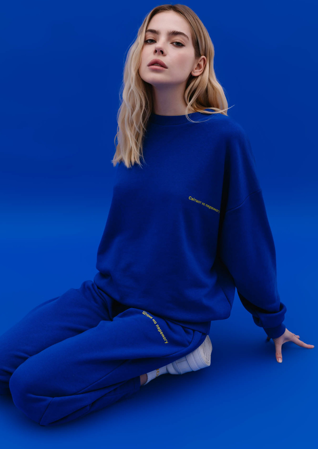 Women's blue color three-thread pleated front trousers "На Перемогу"