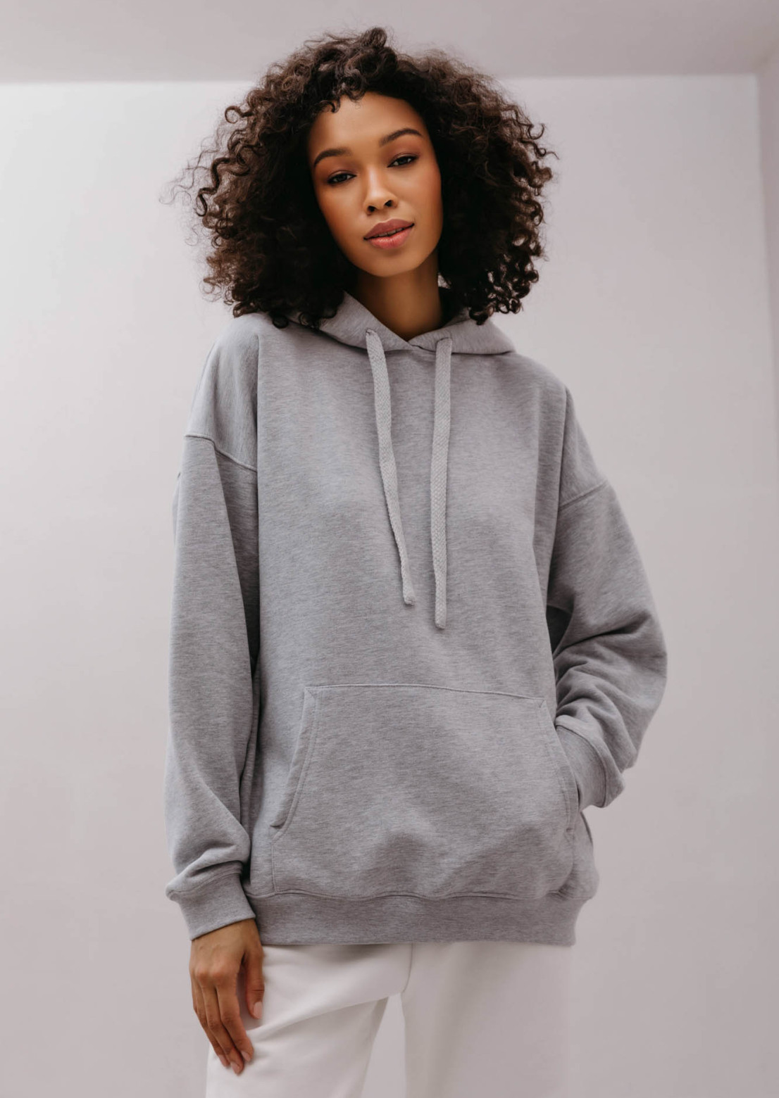 Grey melange color three-thread hoodie