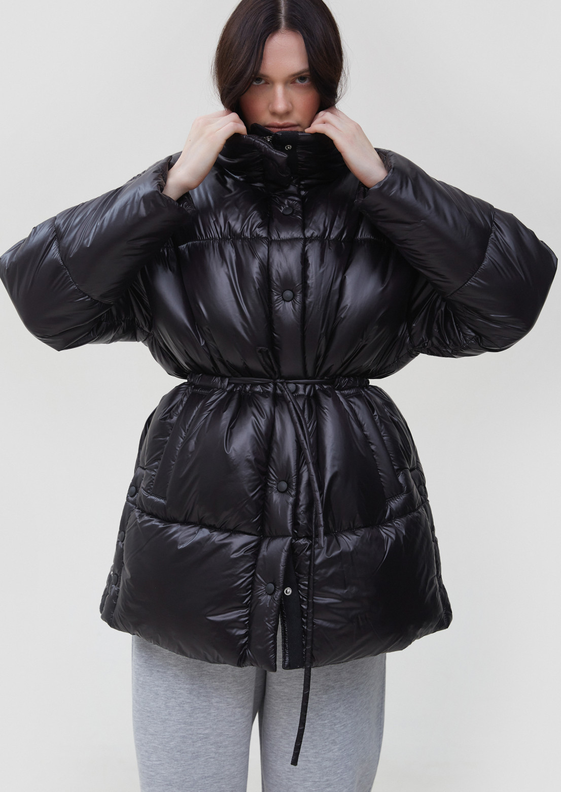 Black color shiny down jacket puffer with drawstring