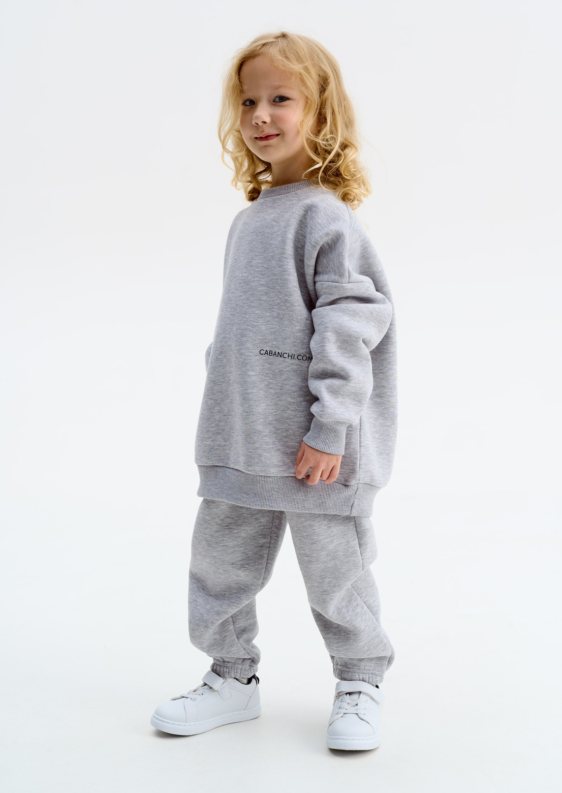 Grey melange color kids three-thread insulated oversize trousers with print "Cabanchi.com"