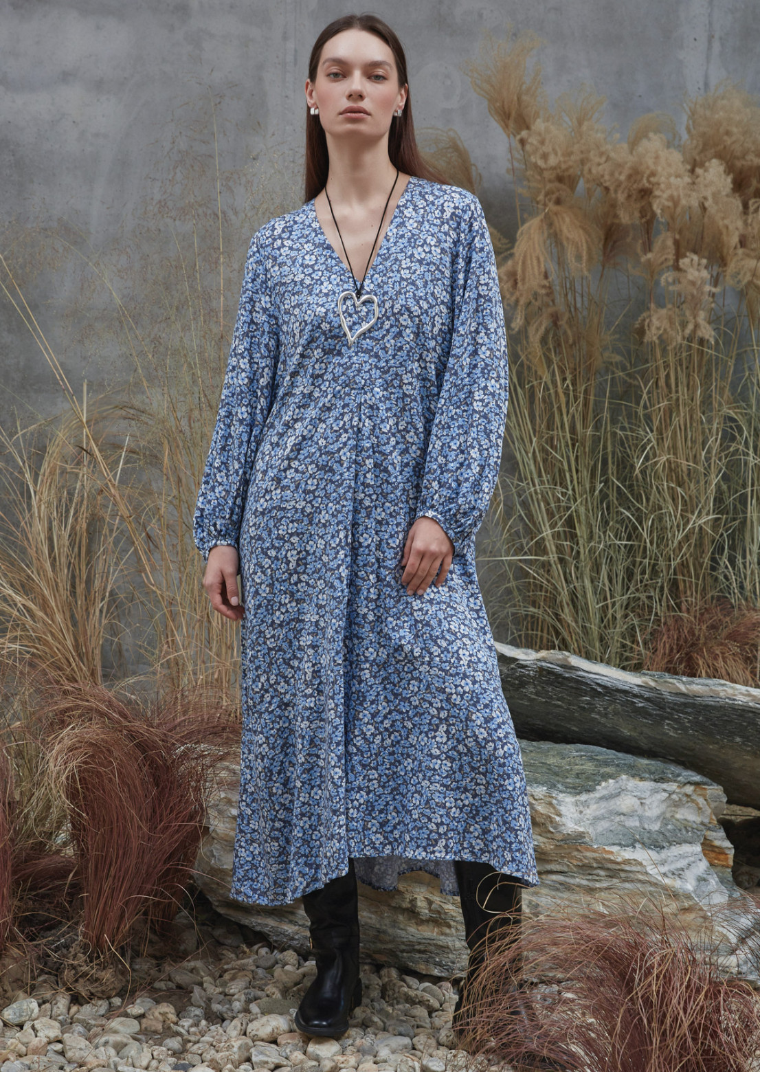 Grey-blue color dress in a flower pattern with voluminous sleeves