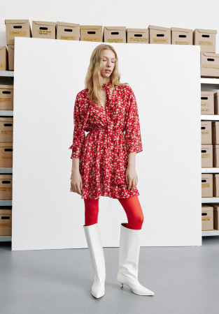 Red chiffon dress in a flower pattern with a neck detail