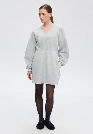 Grey melange color three-thread insulated dress with a V-neckline and folds Grey melange color three-thread insulated dress with a V-neckline and folds