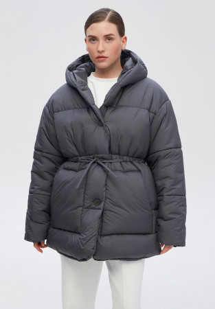 Пуховик з каптуром та куліскою темно-сірий