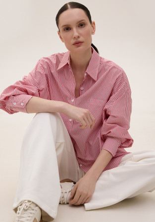 Сорочка з об'ємним рукавом зі змішаної бавовни смужка червона