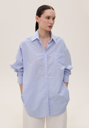 Stripe blue shirt with voluminous sleeves made of mixed cotton