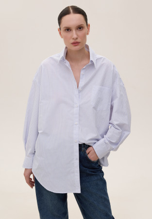 White shirt in a blue check with voluminous sleeves made of mixed cotton