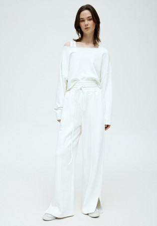 Milky  dense three-thread trousers with a wide belt and an arrow