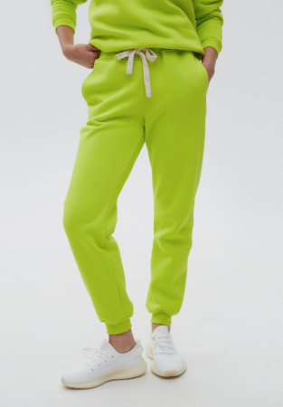 Lime color women basic three-thread insulated trousers with a lace