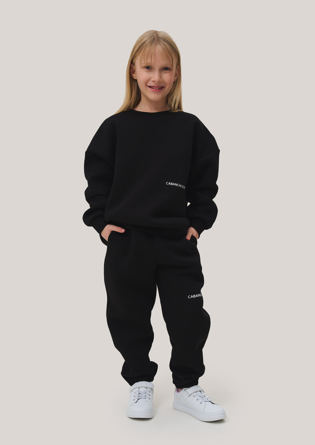 Black color kids three-thread insulated oversize sweatshirt with print "Cabanchi.com"