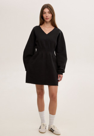 Black color three-thread insulated dress with a V-neckline and folds Black color three-thread insulated dress with a V-neckline and folds