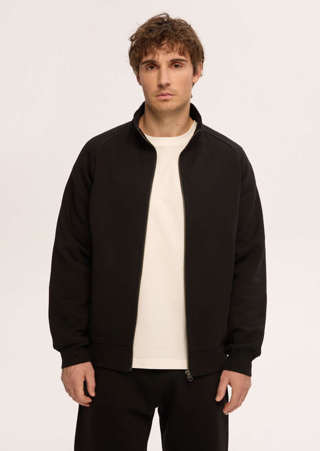 Black color men's three-thread insulated sweatshirt with a zipper