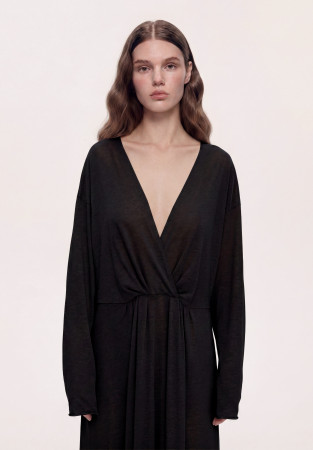 Black jersey long dress with drapery