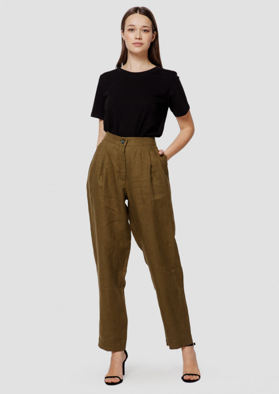 Khaki high-waisted linen khaki trousers